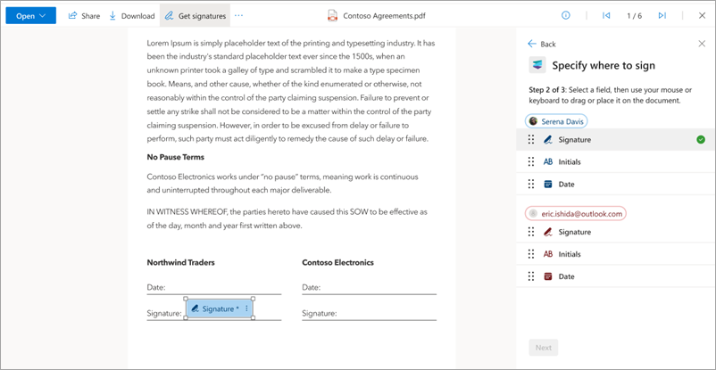 Screenshot of the Specify where to sign panel.