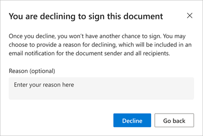 Screenshot of the You are declining to sign this document screen.