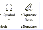 Screenshot of the eSignature fields option on the Insert ribbon in Word.