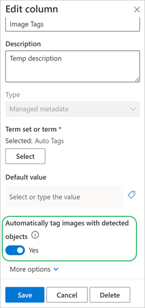 Screenshot showing the Column settings panel for the Image Tags column.
