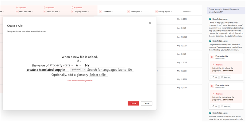 Screenshot of the Create a rule screen.