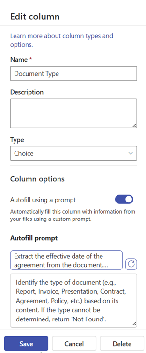 Screenshot of the Edit column panel for a suggested solumn.