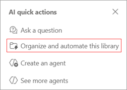 Screenshot of the Agents in SharePoint menu with the Organize this library option highlighted.