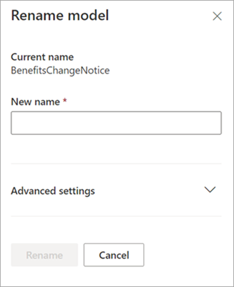 Screenshot showing the Rename model panel.
