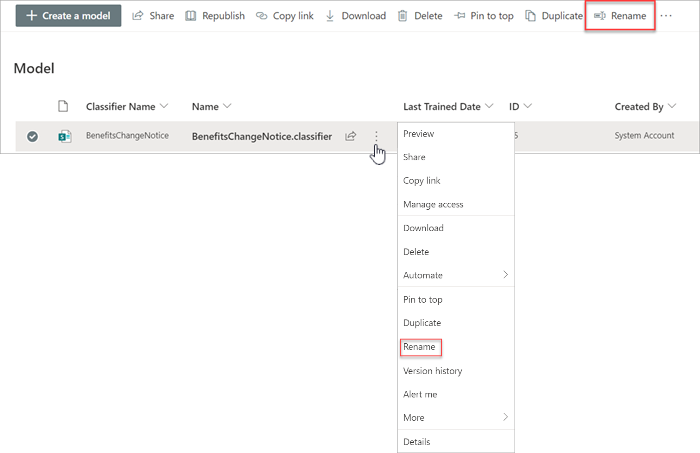 Screenshot of the Models page showing a selected model with the Rename options highlighted.