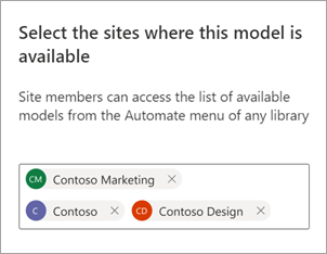 Screenshot of the Select the sites where this model is available panel showing the options for end users with only a few available sites.