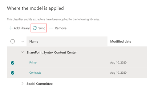 Screenshot showing the Where the model is applied section and the Sync button highlighted.