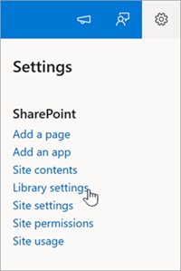 Screenshot of the Settings menu for a SharePoint document library.