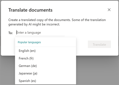 Screenshot showing the Translate documents screen with language options.