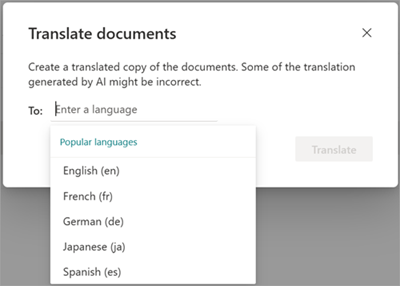 Capture d’écran montrant l’écran Traduire des documents avec des options de langue.