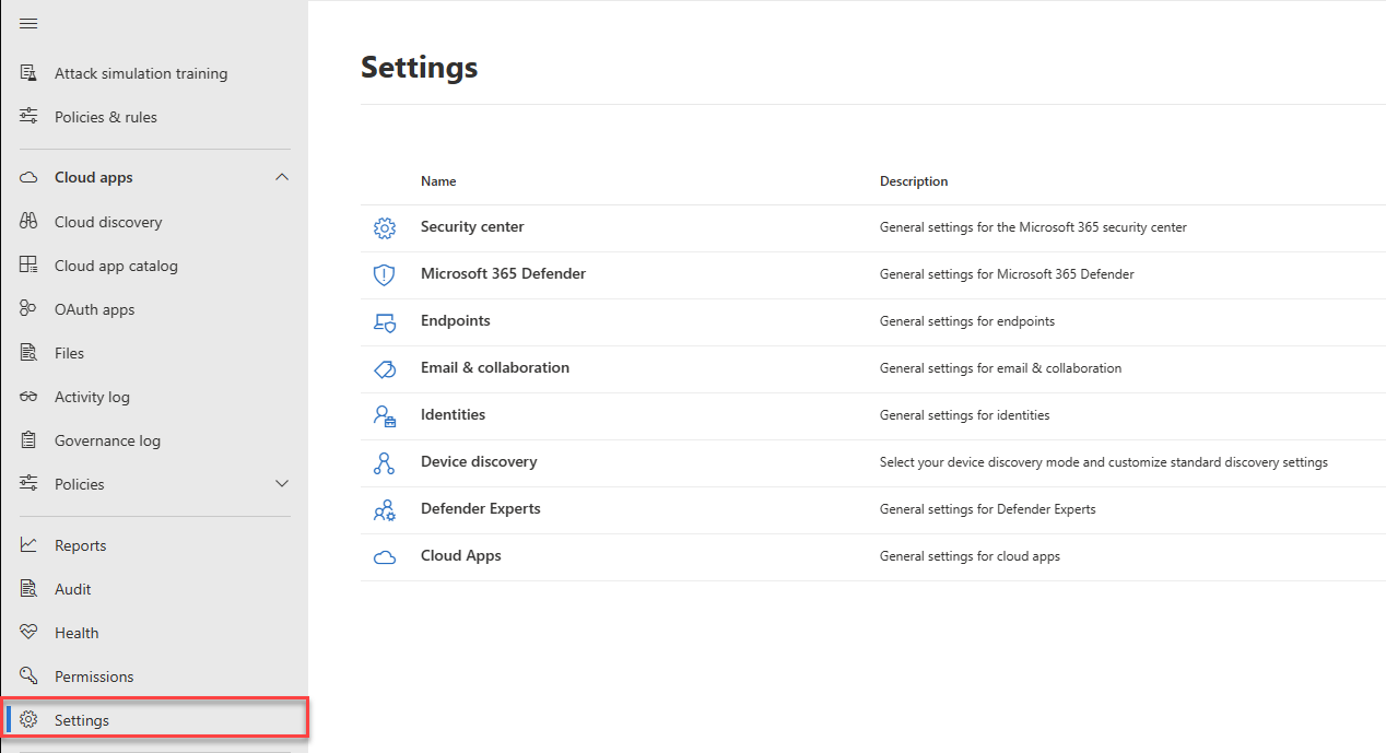 The Settings page in the Microsoft Defender portal