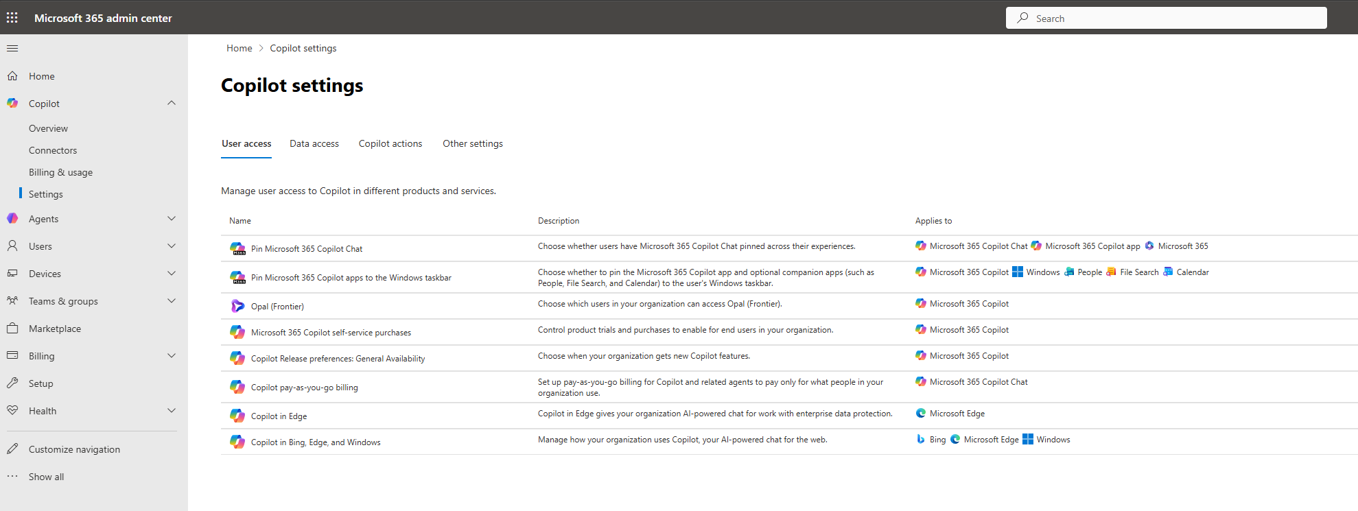 Screenshot of Copilot settings in Microsoft 365 admin center.