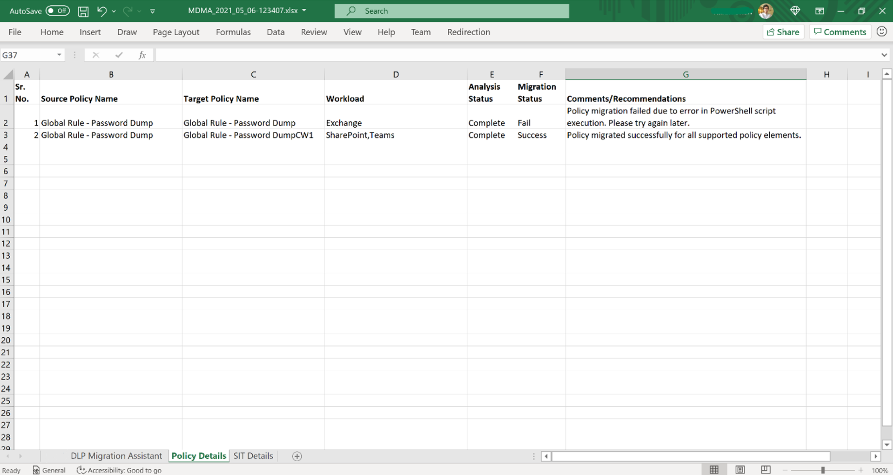 Screenshot of Policy creation status-excel.