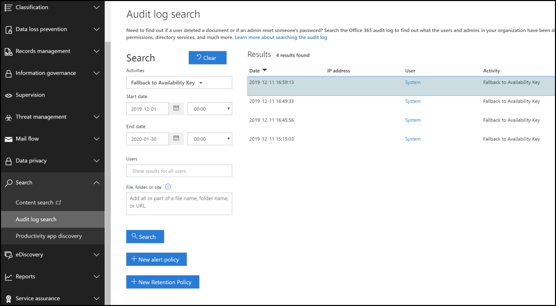 Audit log search for availability key events