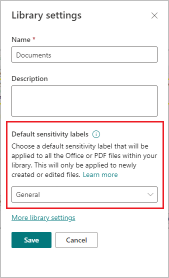 Screenshot that shows configuring a default sensitivity label for a SharePoint library.