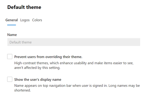 Screenshot: General tab showing the default theme for your organization