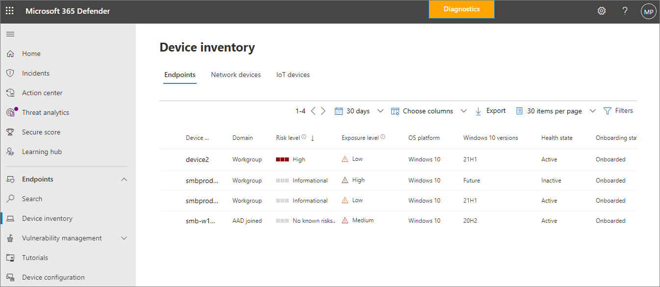 Screenshot of device inventory