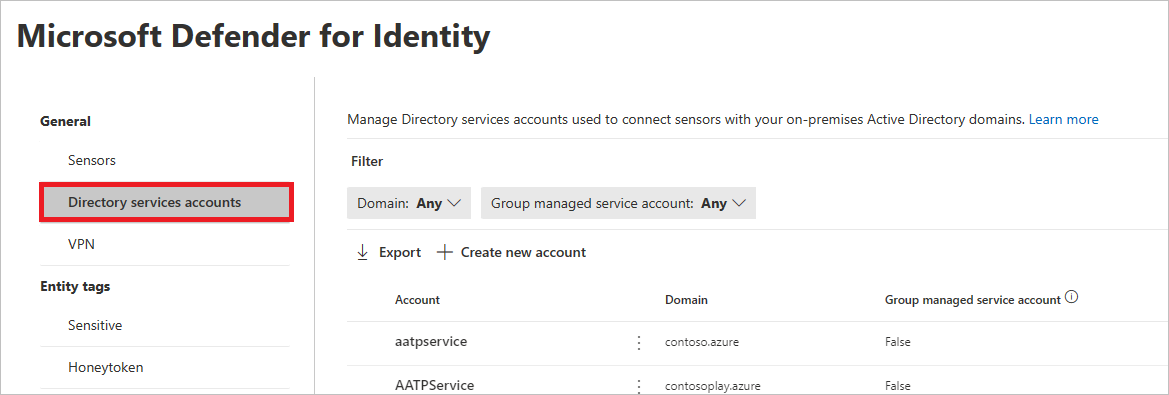 The Directory Service accounts menu item