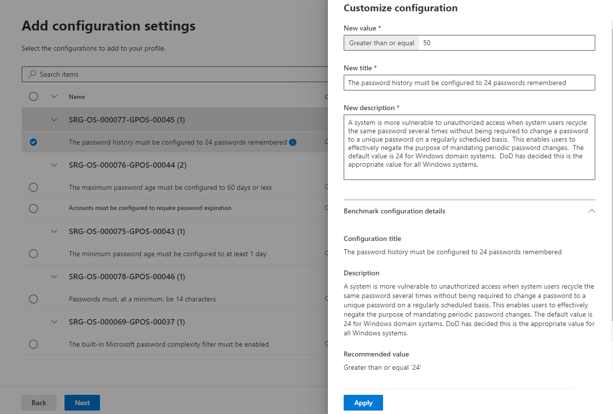 Screenshot of the customize configuration settings page