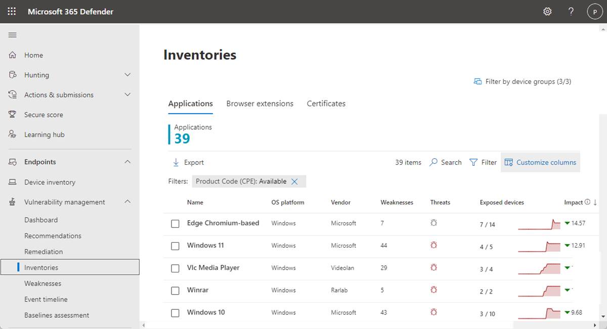 Example of the landing page for software inventory.