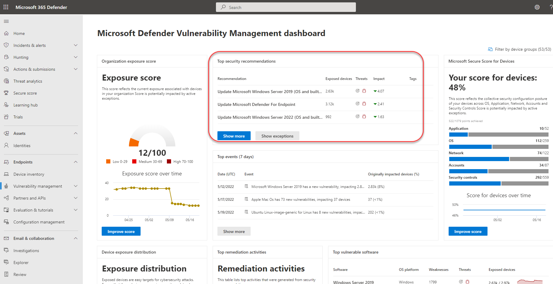 Screenshot of the vulnerability management dashboard with security recommendations highlighted.