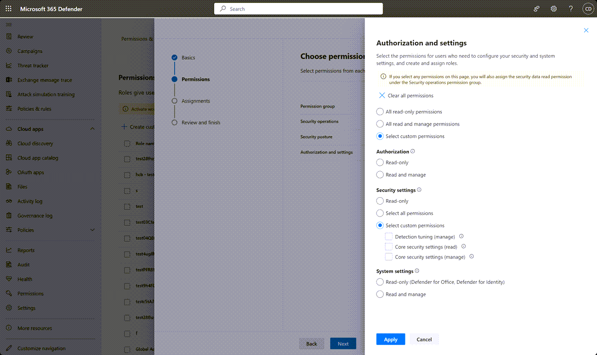 Screenshot of the permissions and roles page