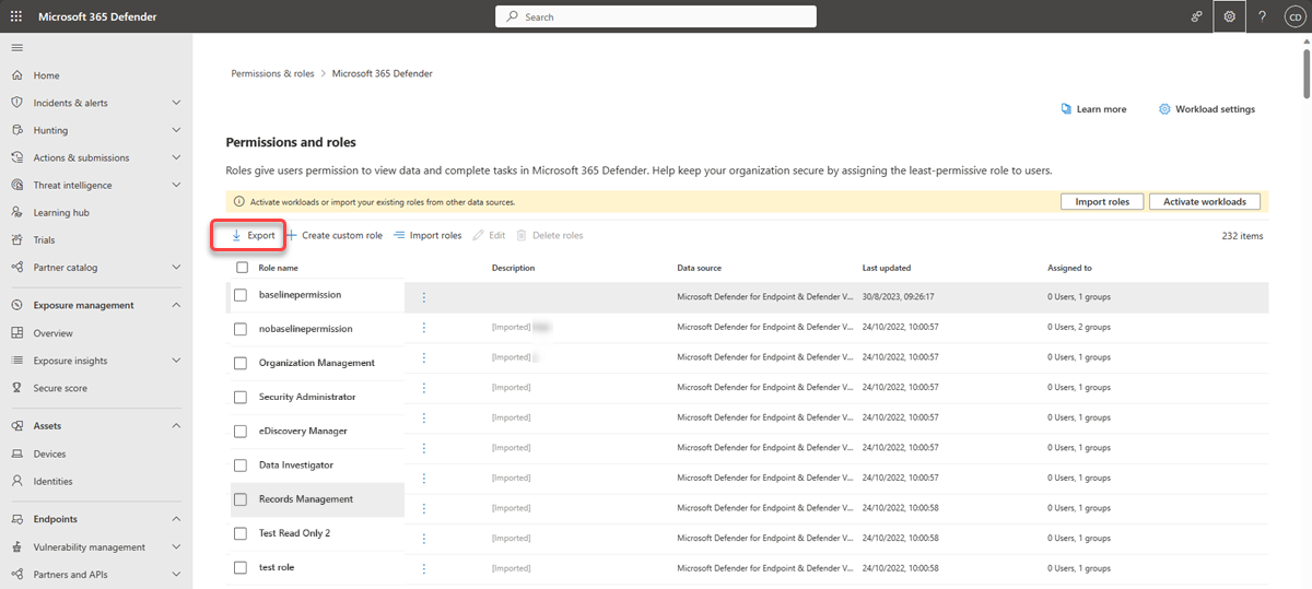 Screenshot of the export roles page