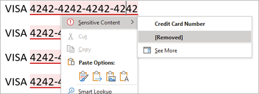 Credit card numbers identified to users as sensitivity content with an option to remove.