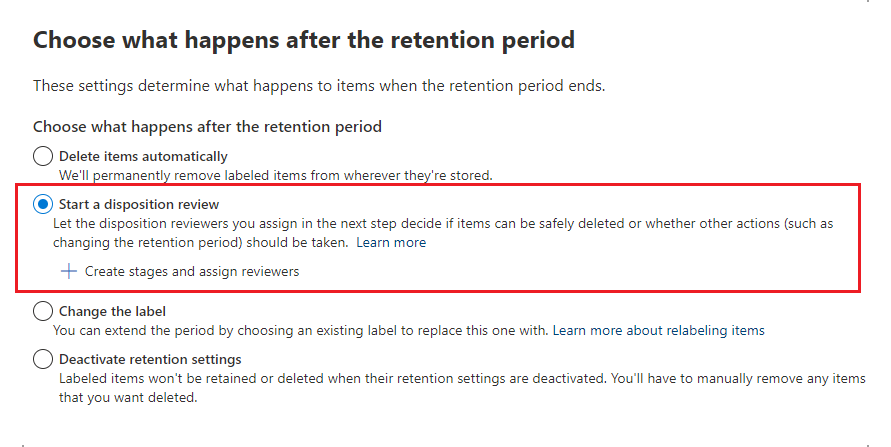 Retention settings for a label that include disposition review.