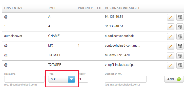 Select the MX type from the drop-down list, and fill in the values.