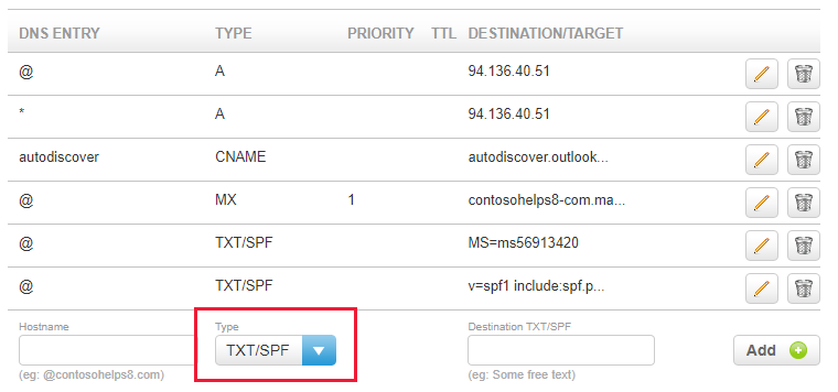 Select the TXT/SPF type from the drop-down list, and fill in the values.