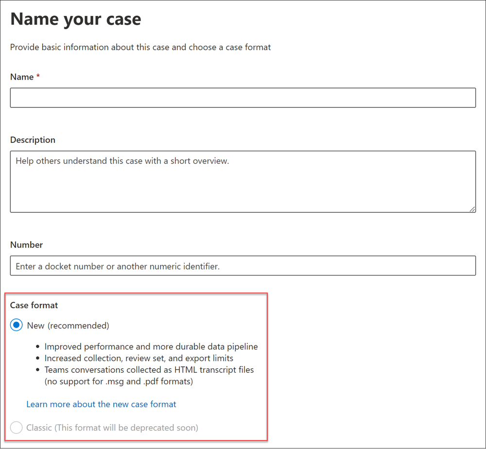 New case format option on the New eDiscovery case page.