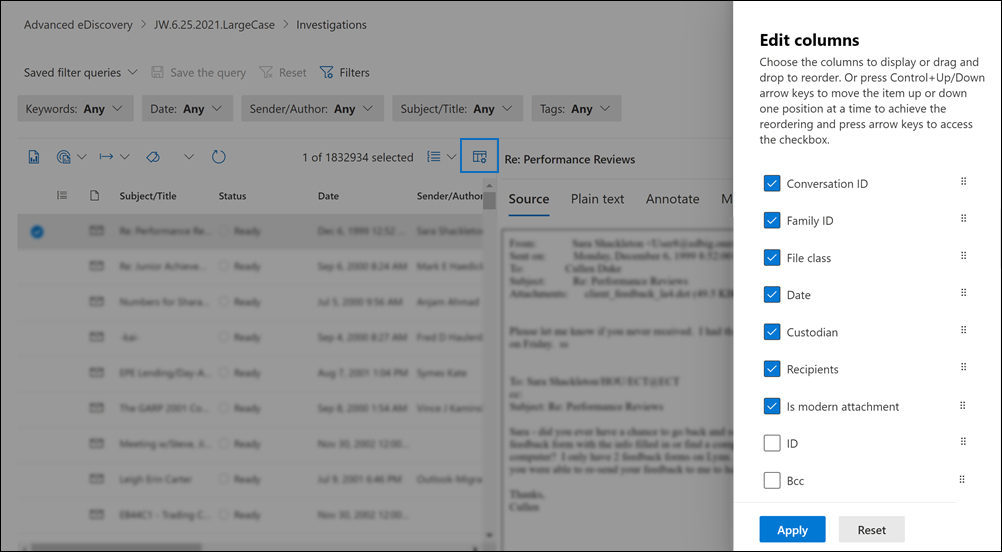 Use the Edit column flyout page to add, remove, and organize columns.