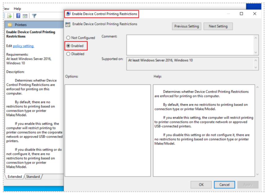 The Enable Device Control Printing Restrictions pane