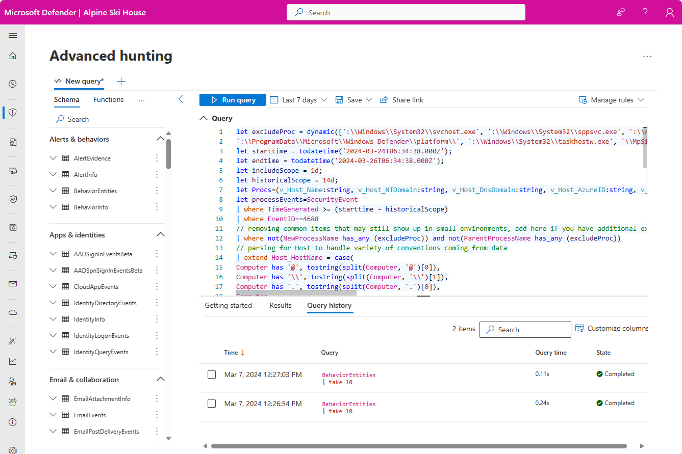 Screenshot of Advanced hunting screen with insight query.