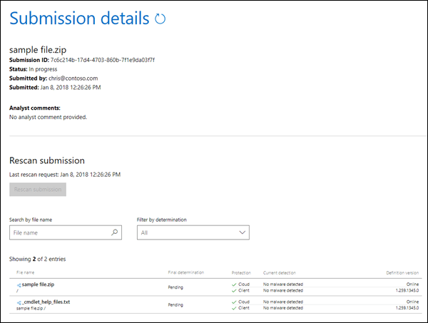 The submission details in the Windows Defender Security Intelligence website