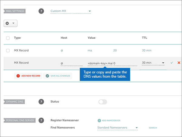 Copy and paste the values from the table for the MX record.