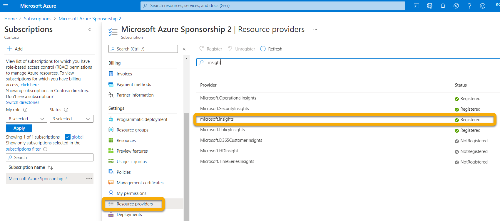 The list of service providers page in the Microsoft Azure portal