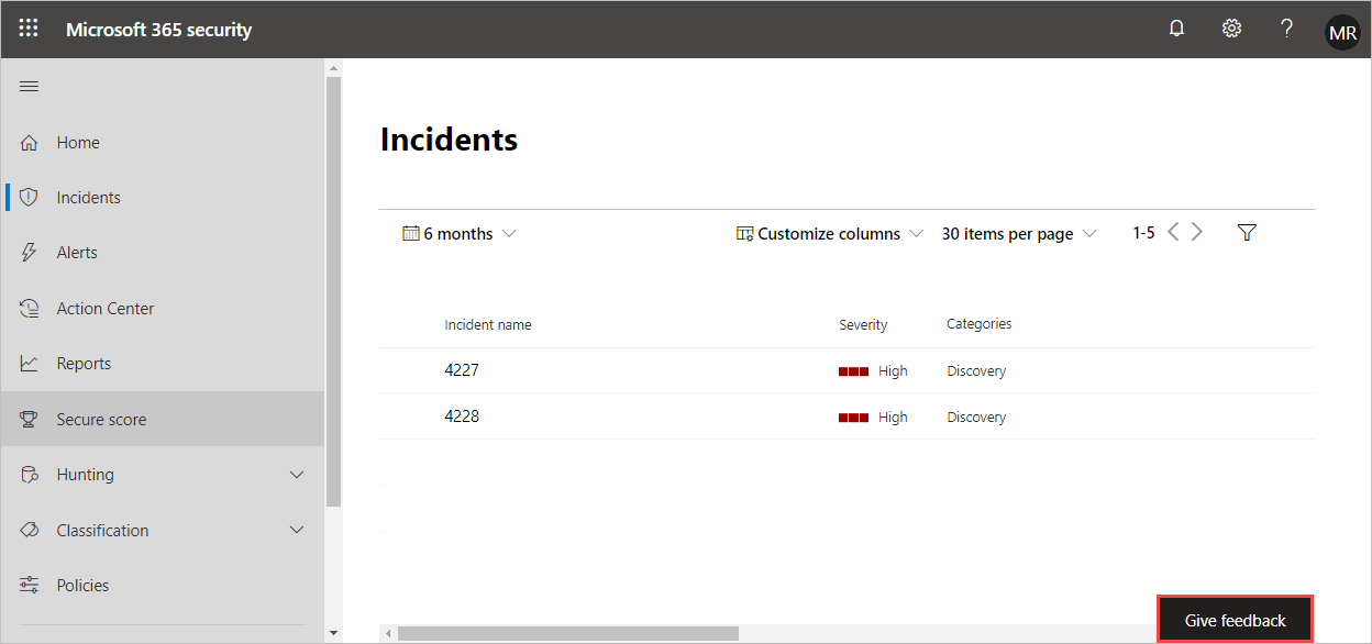 The incidents in the Microsoft 365 security portal