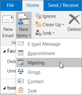 To schedule a meeting, on the Home tab, in the New group, choose New Items, and then Meeting.