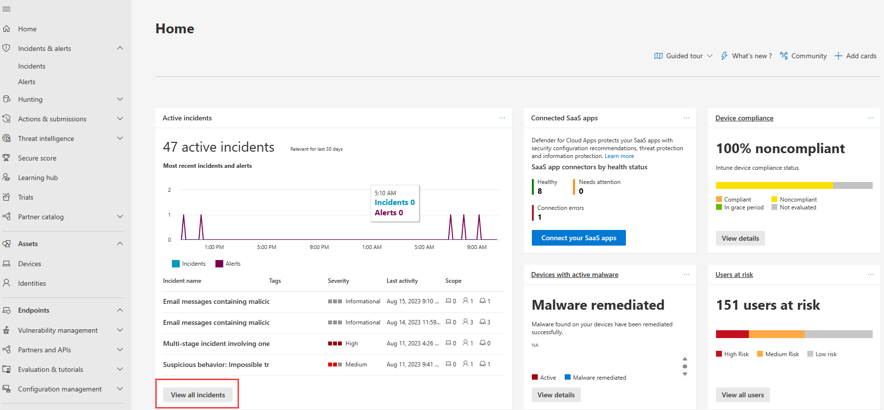 View all incidents shown in Microsoft Defender XDR home page