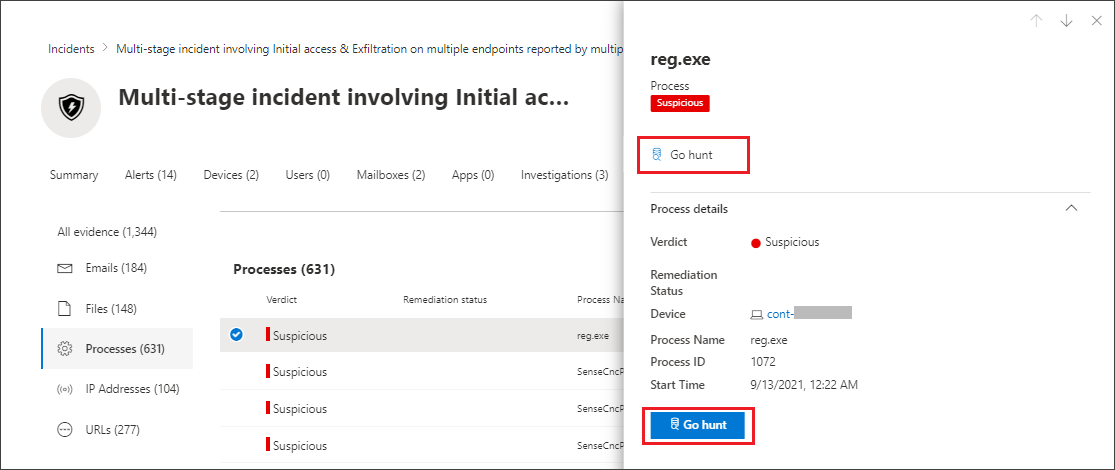 The Go hunt option for a piece of evidence in the Incident page in Microsoft Defender portal