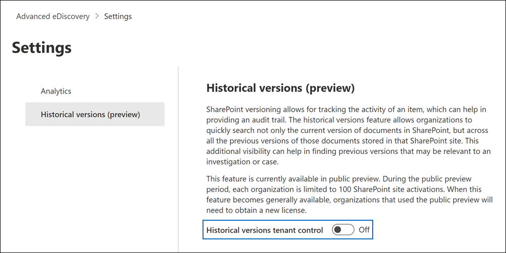 Switch on the toggle to enable historical versions