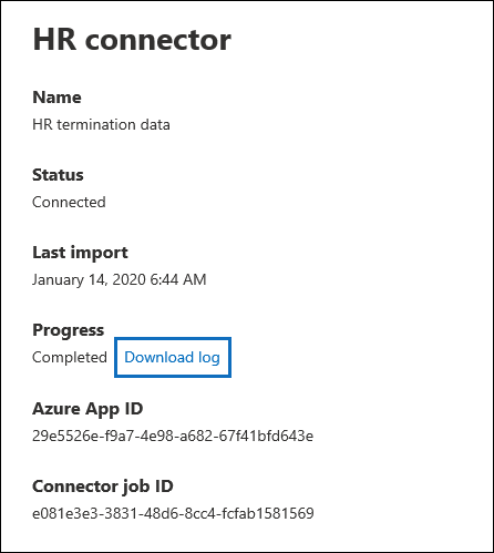 HR connector flyout page with properties and status.