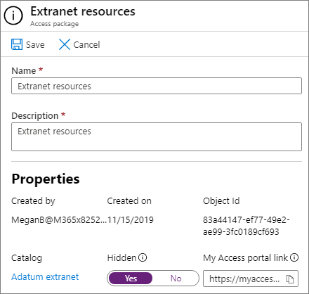 Screenshot of an edit access package properties screen.