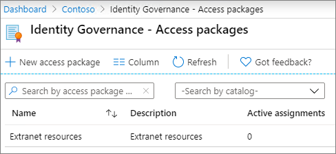 Screenshot of the access packages screen in Azure Active Directory Identity Governance.