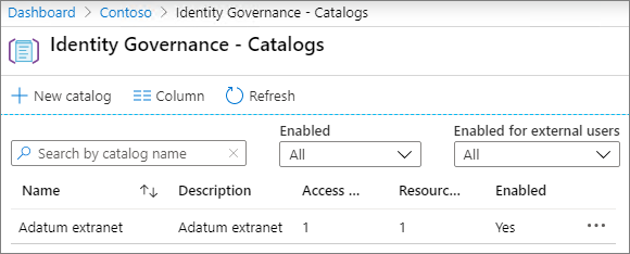 Screenshot of the catalogs page in Azure Active Directory Identity Governance.