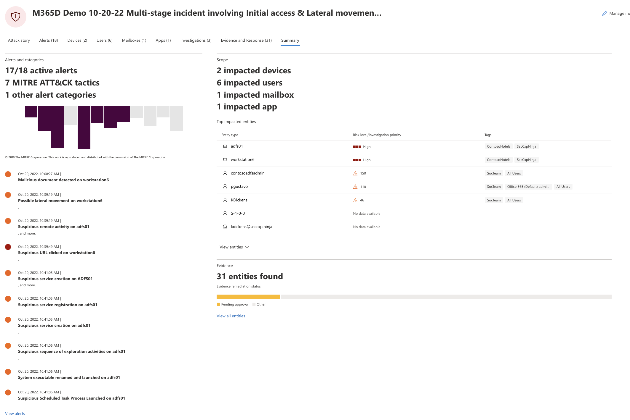 Screenshot that shows the summary information for an incident in the Microsoft 365 Defender portal.