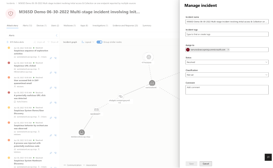 The Manage incident pane in the Microsoft 365 Defender portal