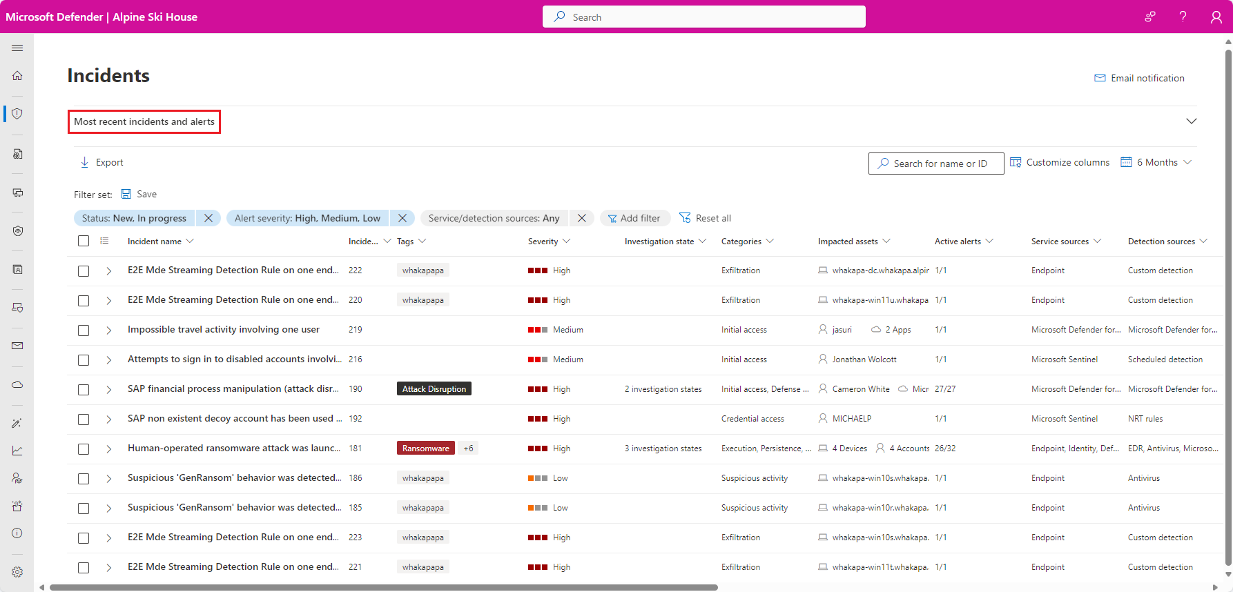 The Incident section showing the incident queue in the Microsoft 365 Defender portal.
